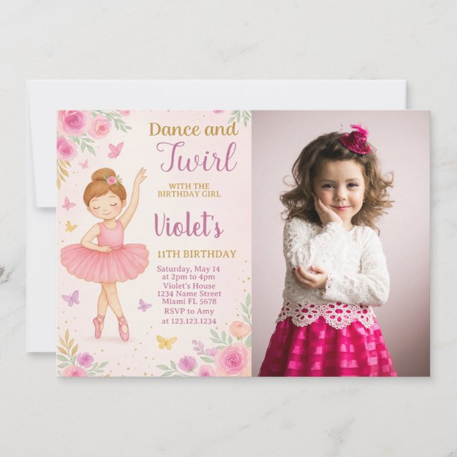 Trendy Ballerina Birthday Invitation with photo (Front)