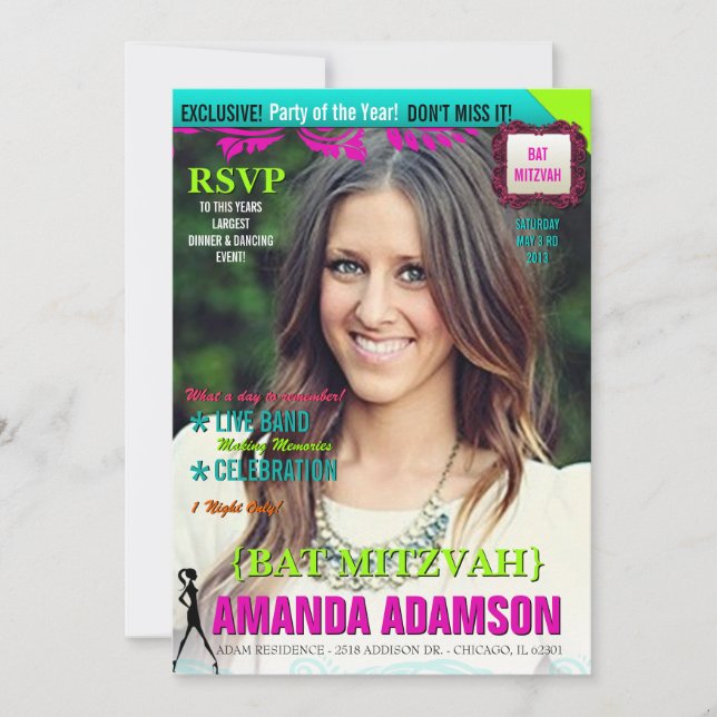 Trendy Bat Mitzvah Magazine Cover invitations (Front)