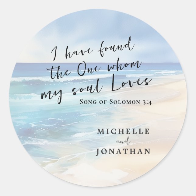 Trendy Beach Watercolor Ocean Christian Wedding  Classic Round Sticker (Front)