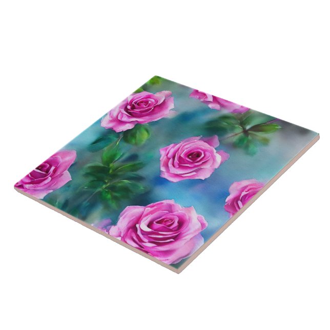 Trendy Beautiful Watercolor Pink Roses Collection Tile (Side)