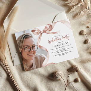 Trendy Beige Bow Photo Graduation Invitation