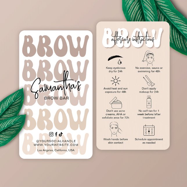 Trendy Beige Brow Aftercare Instructions Retro Business Card (Microneedling aftercare cards for brow salons, featuring retro fonts in beige and white)