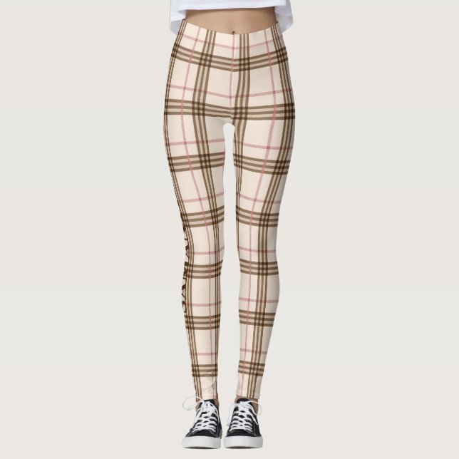 Trendy beige brown pink rose gold Thompson tartan Leggings (Front)