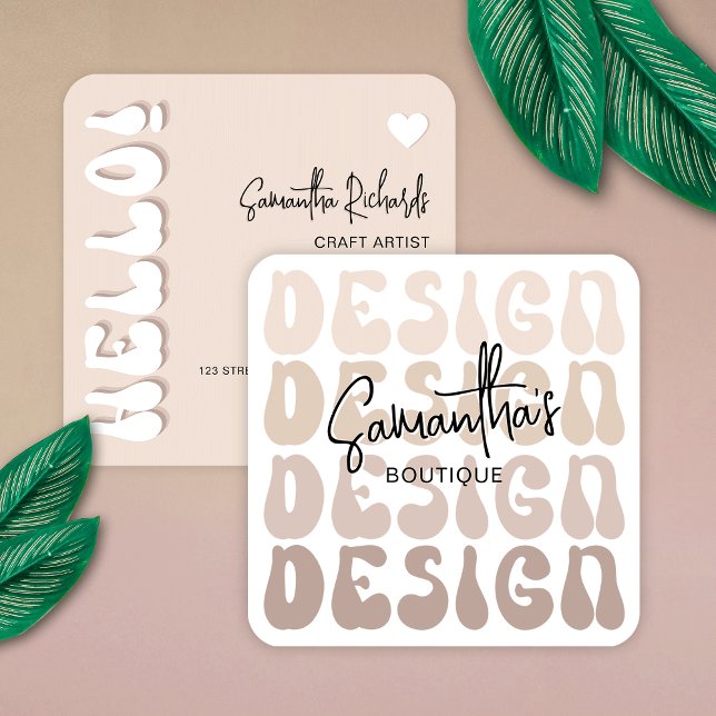 Trendy Beige Crafter Handmade Designs Artist Retro Square Business Card (Modern beige artist and designer business cards with retro fonts and trendy layout)