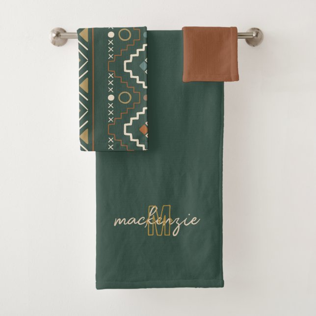 Trendy Beige Monogram with Terracotta Boho Brown  Bath Towel Set (Insitu)