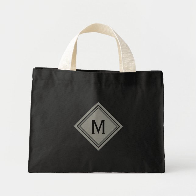 Trendy Beige on Black Diamond Monogram Mini Tote Bag (Front)