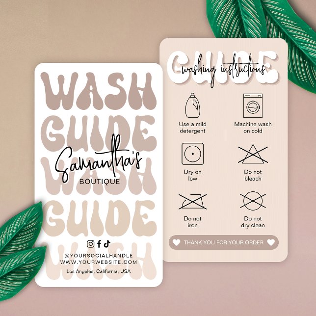 Trendy Beige Retro Washing Instructions Care Cards (Modern beige washing instructions cards with space for your boutique details)