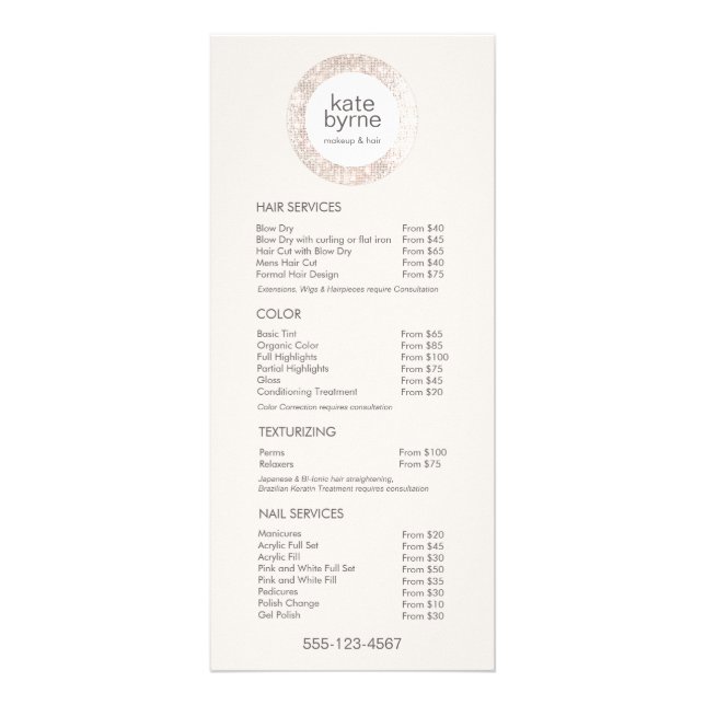 Trendy Beige Sequin Beauty Price List Service Menu (Front)