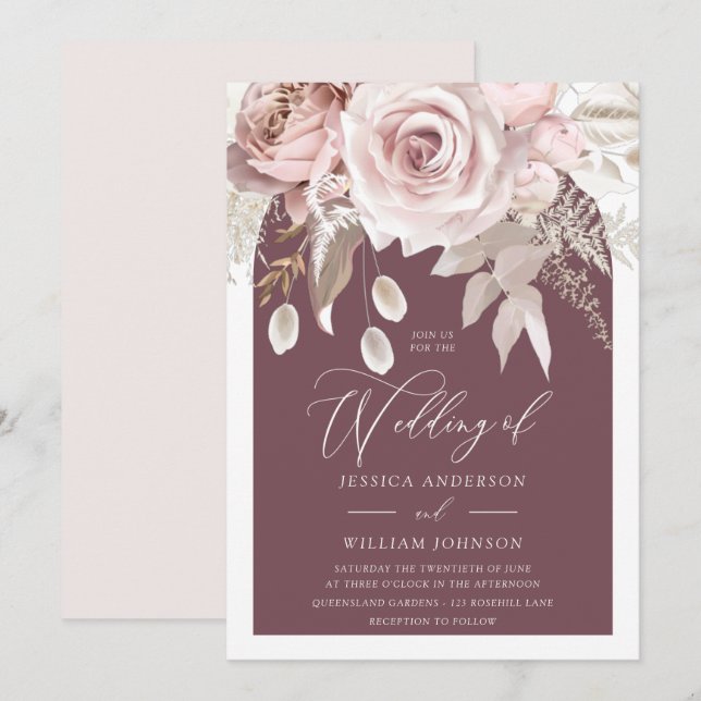 Trendy Berry Blush & Ivory Boho Arch Wedding Invitation (Front/Back)