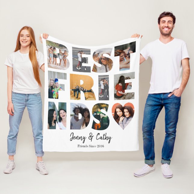 Trendy Best Friends Heart Besties 12 Photo Collage Fleece Blanket (In Situ)