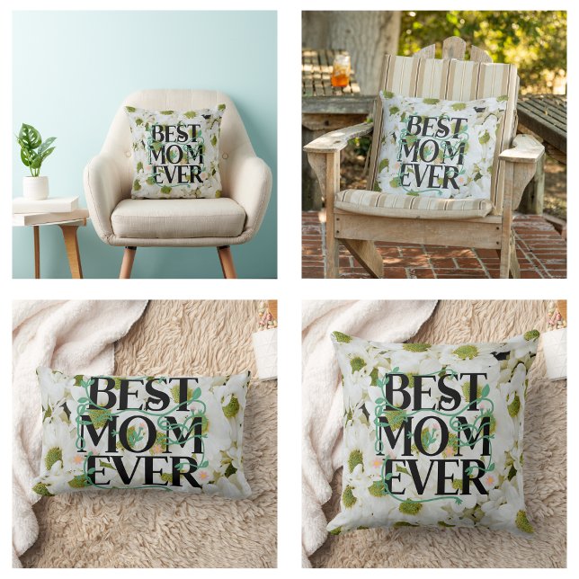 Trendy Best Mum Ever White Floral Modern Lumbar Cushion (Trendy Best Mom Ever White Floral Modern Pillow)