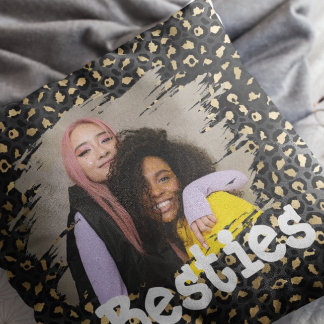 Trendy Besties Photo Black & Gold Animal Print Cushion (Creator Uploaded)