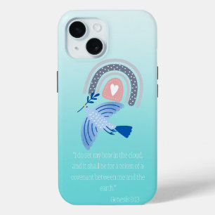 Trendy Bible Turquoise Folkart Dove Boho Rainbow iPhone 15 Case