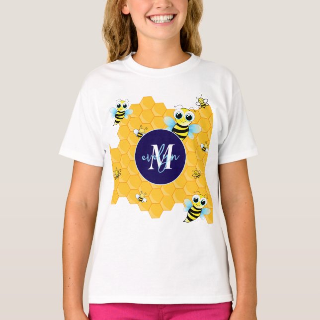 Trendy Big Blue Eyes Bee & Hives  T-Shirt (Front)