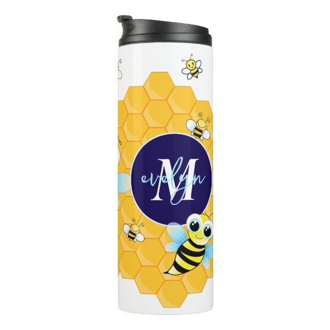 Trendy Big Blue Eyes Bee & Hives Thermal Tumbler (Rotated Right)