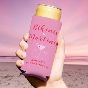 Trendy Bikinis & Martinis Pink & Red Bachelorette Seltzer Can Cooler