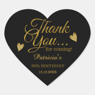 Trendy Black And  Gold 30th Birthday Thank You   Heart Sticker