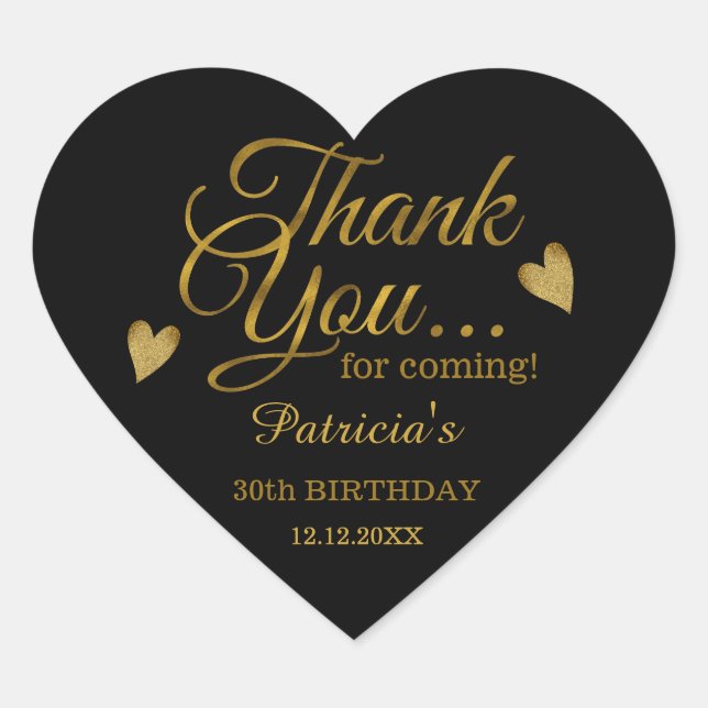 Trendy Black And  Gold 30th Birthday Thank You   Heart Sticker (Front)