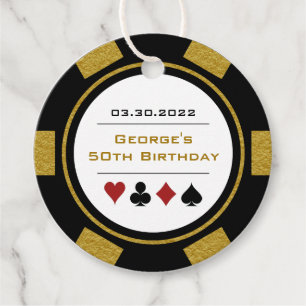 Trendy Black and Gold Casino Poker Chip Birthday Favour Tags