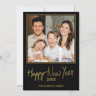 Trendy Black And Gold Happy New Year Photo Holiday Card