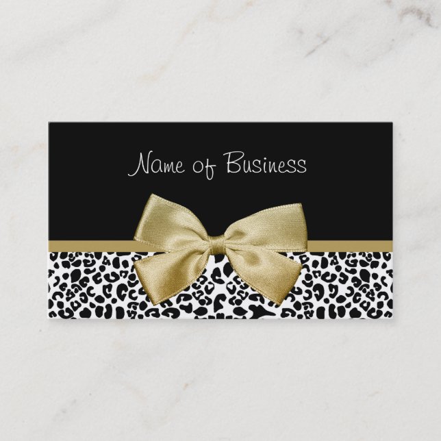 Trendy Black And Gold Leopard Print Gold Ribbon Business Card (Front)