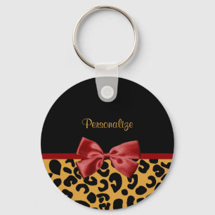 Trendy Black and Gold Leopard Print Red Ribbon Bow Key Ring