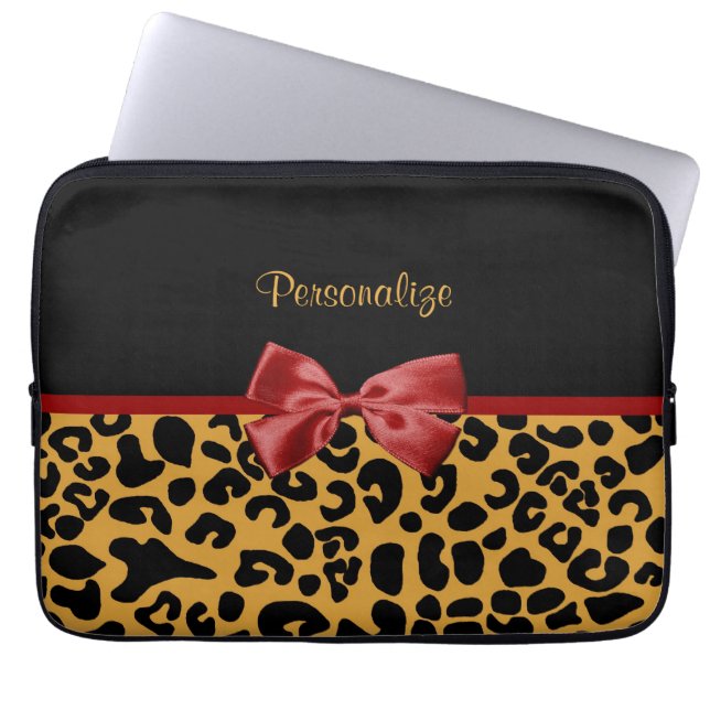Trendy Black and Gold Leopard Print Red Ribbon Bow Laptop Sleeve (Front)