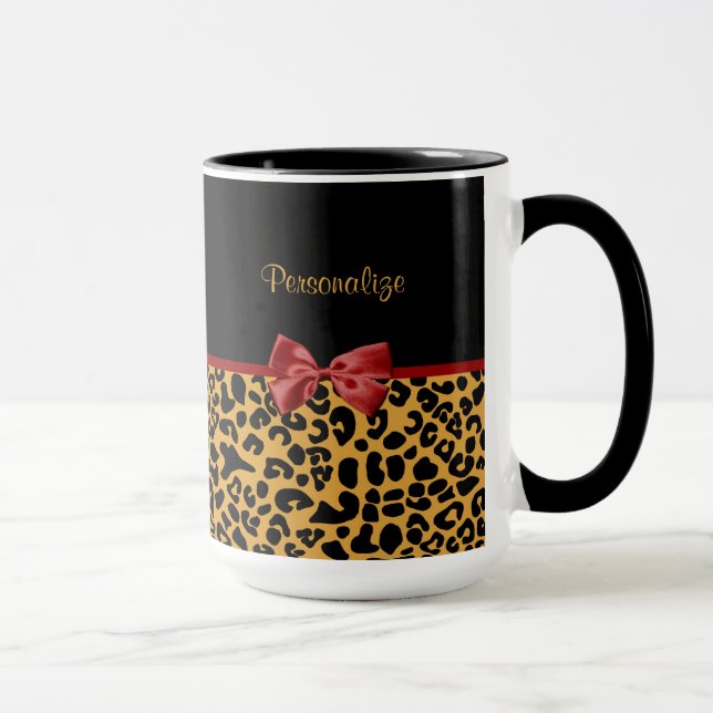 Trendy Black and Gold Leopard Print Red Ribbon Bow Mug (Right)