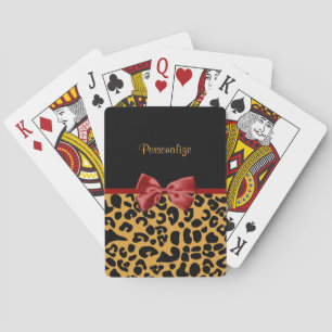 Trendy Black and Gold Leopard Print Red Ribbon Bow Playing Cards