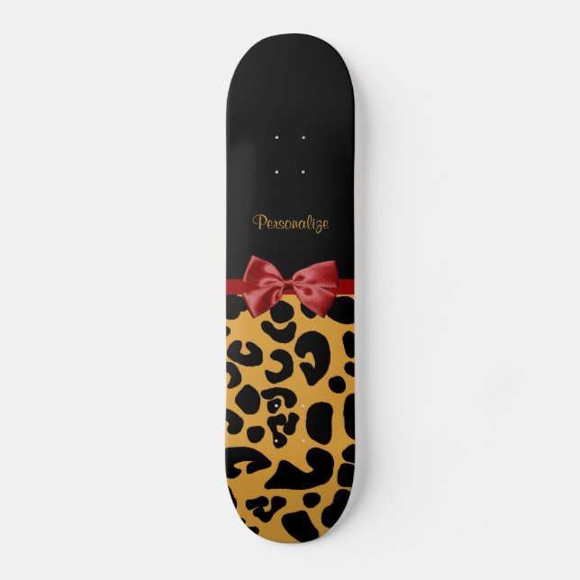 Trendy Black and Gold Leopard Print Red Ribbon Bow Skateboard (Front)