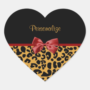 Trendy Black And Gold Leopard Print Red Ribbon Heart Sticker