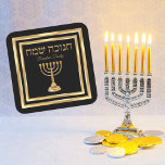 Trendy Black and Gold Menorah Hebrew Hanukkah  Square Sticker<br><div class="desc">Trendy Black and Gold Menorah Hebrew Hanukkah Stickers</div>