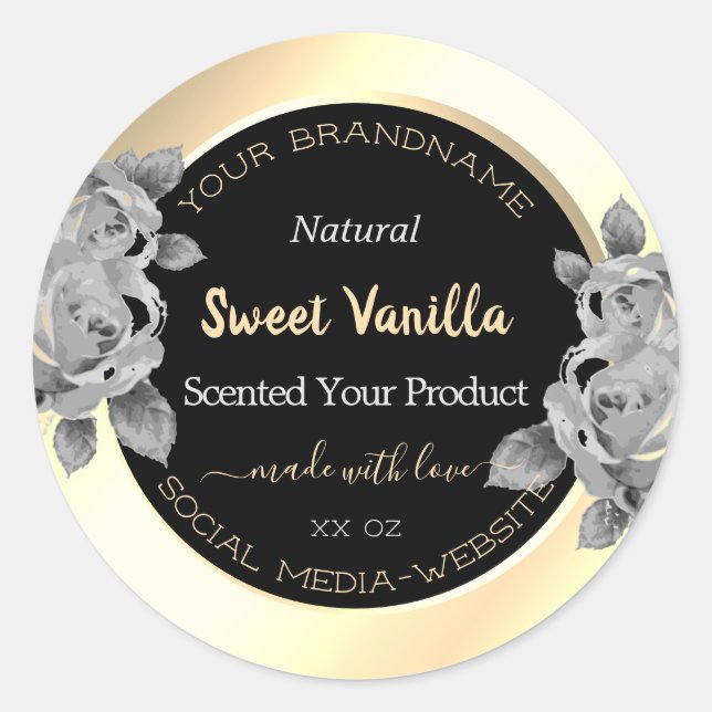 Trendy Black and Gold Product Labels Grey Flowers (Front)