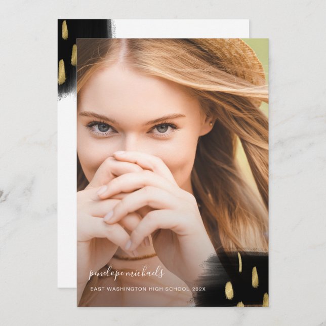 Trendy Black and Gold Splashes Graduation Party Invitation (Front/Back)