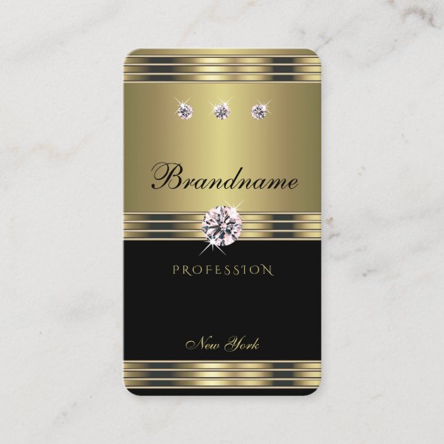Trendy Black and Gold with Luxurious Faux Diamonds Business Card (Front)