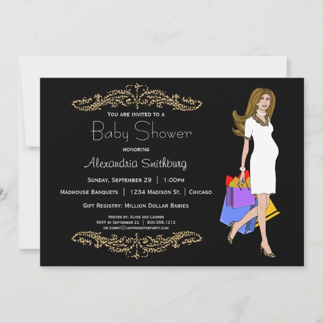 Trendy Black And Leopard Print Shopping Mummy Invitation (Front)