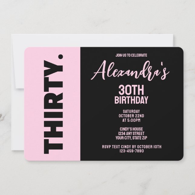Trendy Black And Pink Bold 30th Birthday Party Invitation (Front)