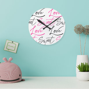 Trendy Black and Pink Love and Sweet Pattern Round Clock