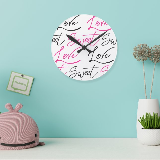 Trendy Black and Pink Love and Sweet Pattern Round Clock (Trendy Black and Pink Love and Sweet Pattern Round Clock)