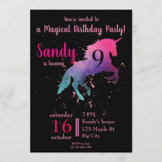 Trendy black and pink Magical Unicorn Birthday Invitation