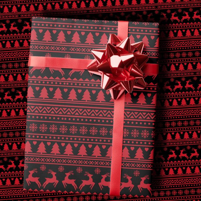 Trendy Black and Red Nordic Ugly Sweater Christmas Wrapping Paper (Creator Uploaded)