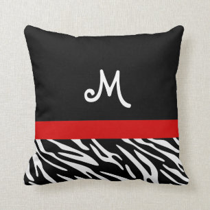 Trendy Black and Red Zebra Stripe Monogram Pillows