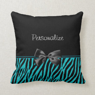 Trendy Black And Teal Zebra Print With Ribbon Cushion