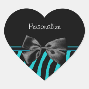 Trendy Black And Teal Zebra Print With Ribbon Heart Sticker