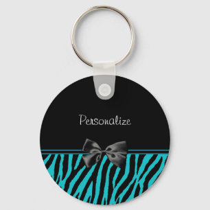 Trendy Black And Teal Zebra Print With Ribbon Key Ring