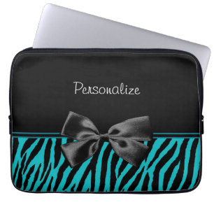 Trendy Black And Teal Zebra Print With Ribbon Laptop Sleeve