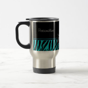 Trendy Black And Teal Zebra Print With Ribbon Travel Mug