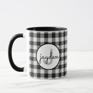 Trendy Black and White Buffalo Plaid Monogrammed Mug