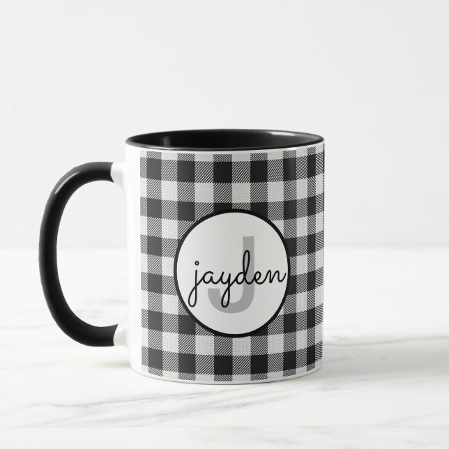 Trendy Black and White Buffalo Plaid Monogrammed Mug (Left)