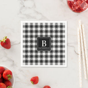 Trendy Black and White Buffalo Plaid Monogrammed N Napkin